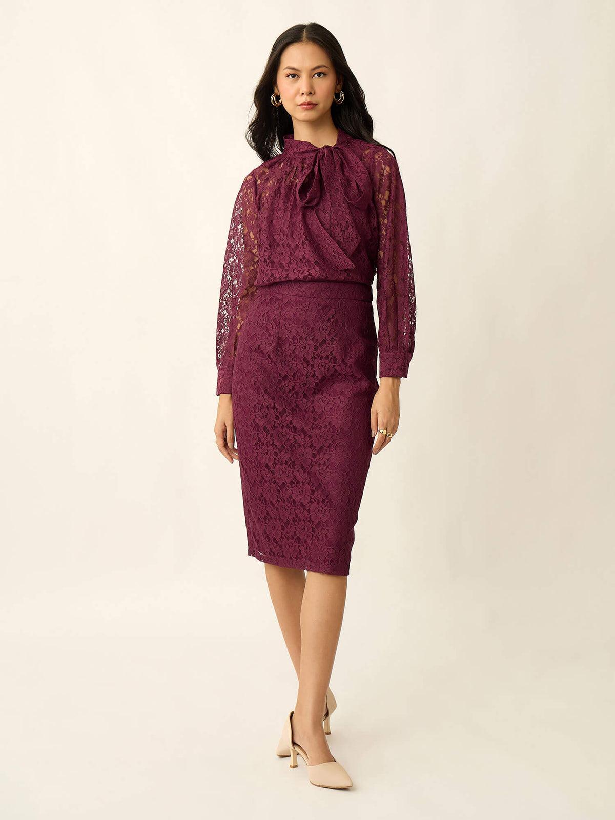 Evania Tie-Up Lace Top-Wine