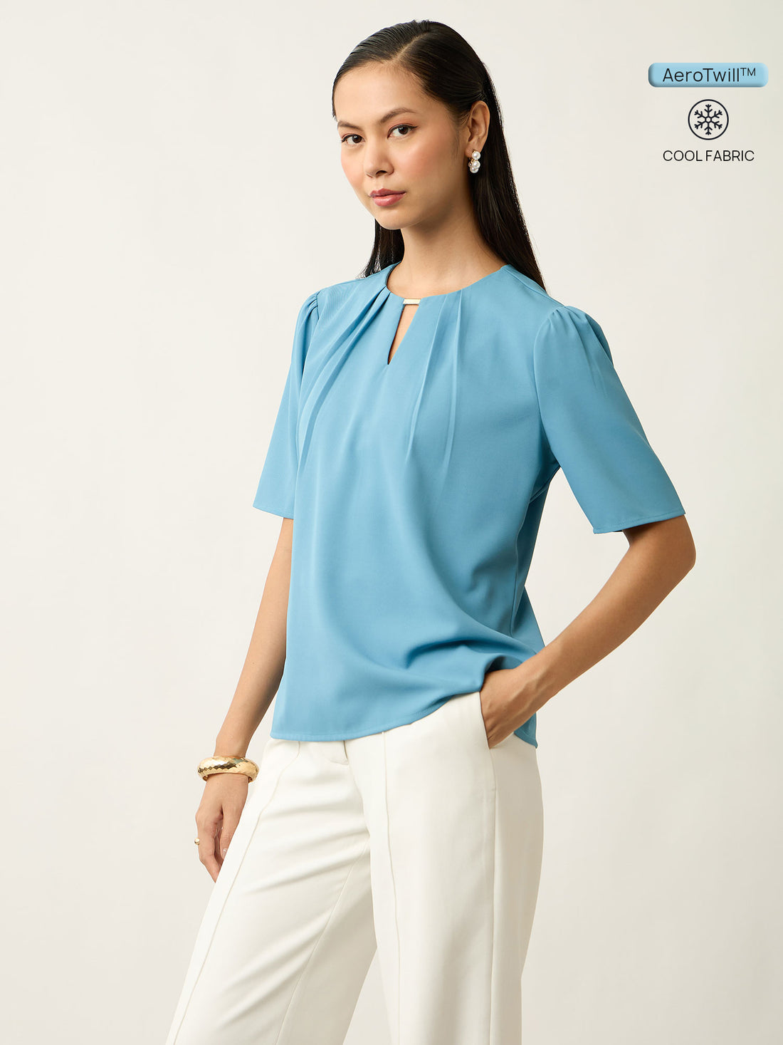 Knox Pleated Neck Top With Gathered Sleeves-Turquoise