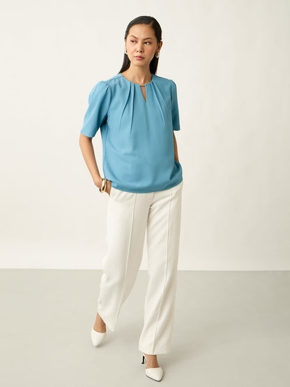 Knox Pleated Neck Top With Gathered Sleeves-Turquoise