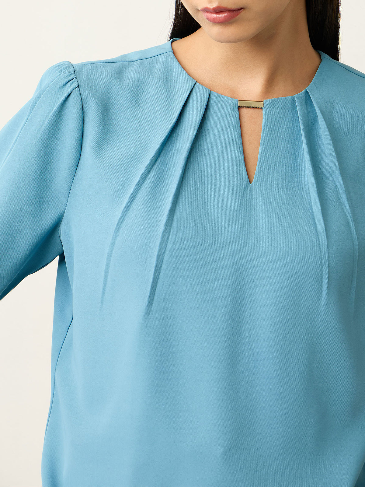 Knox Pleated Neck Top With Gathered Sleeves-Turquoise