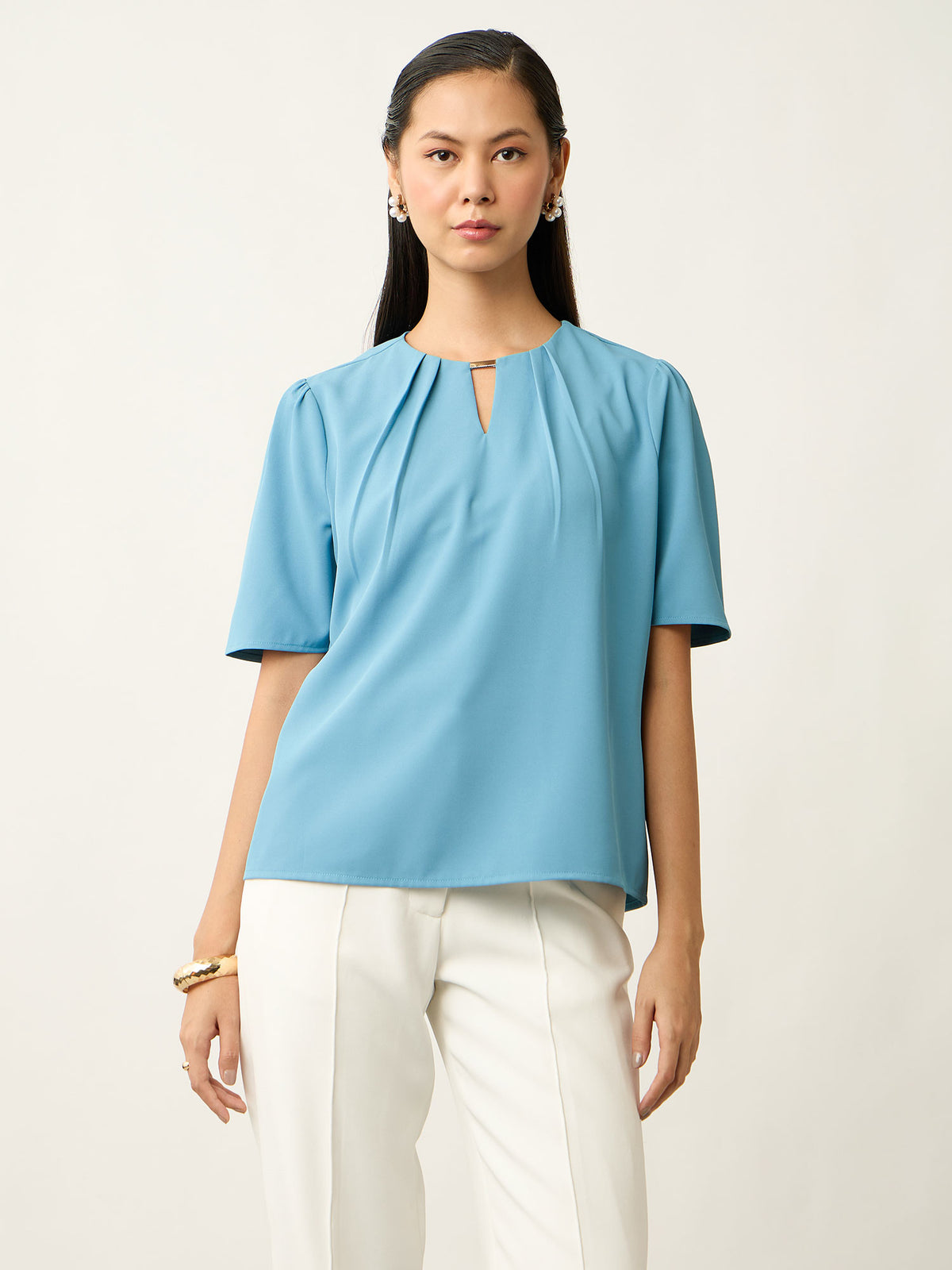 Knox Pleated Neck Top With Gathered Sleeves-Turquoise