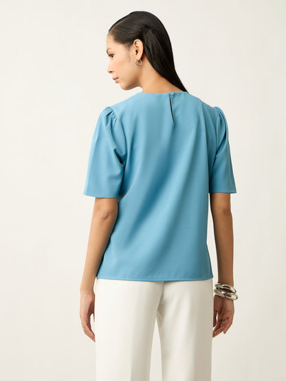 Knox Pleated Neck Top With Gathered Sleeves-Turquoise