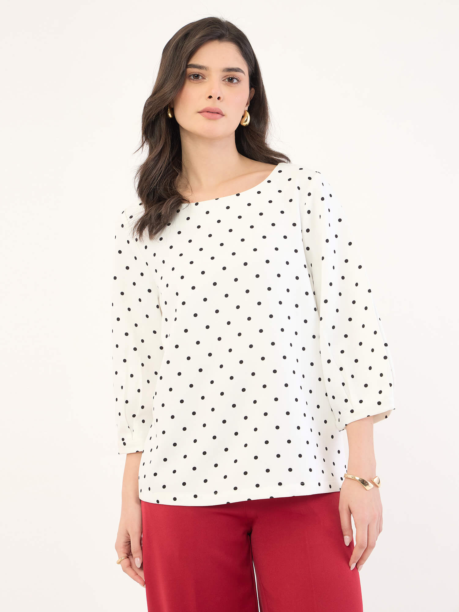 Pearly Boat Neck Print Top -White
