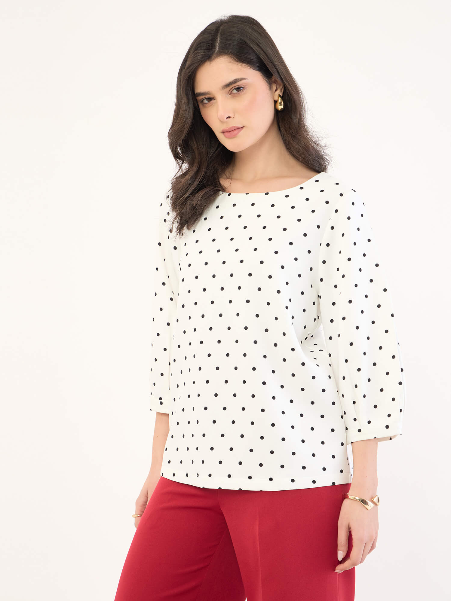 Pearly Boat Neck Print Top -White