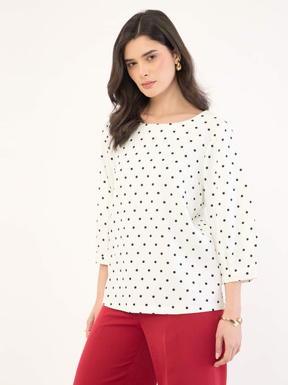 Pearly Boat Neck Print Top -White
