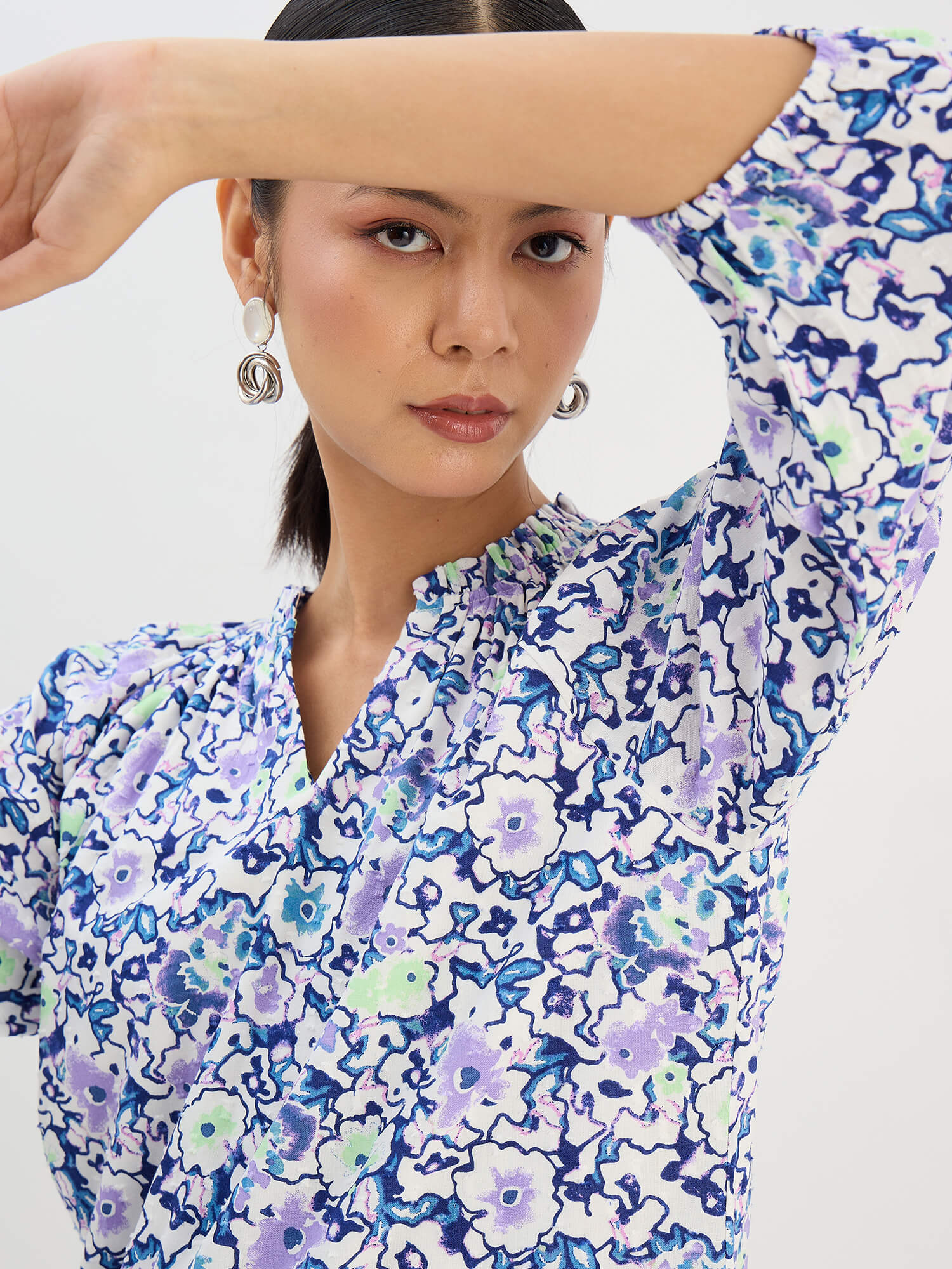 Seagrass Violet Abstract Gathered Top-Multicolor