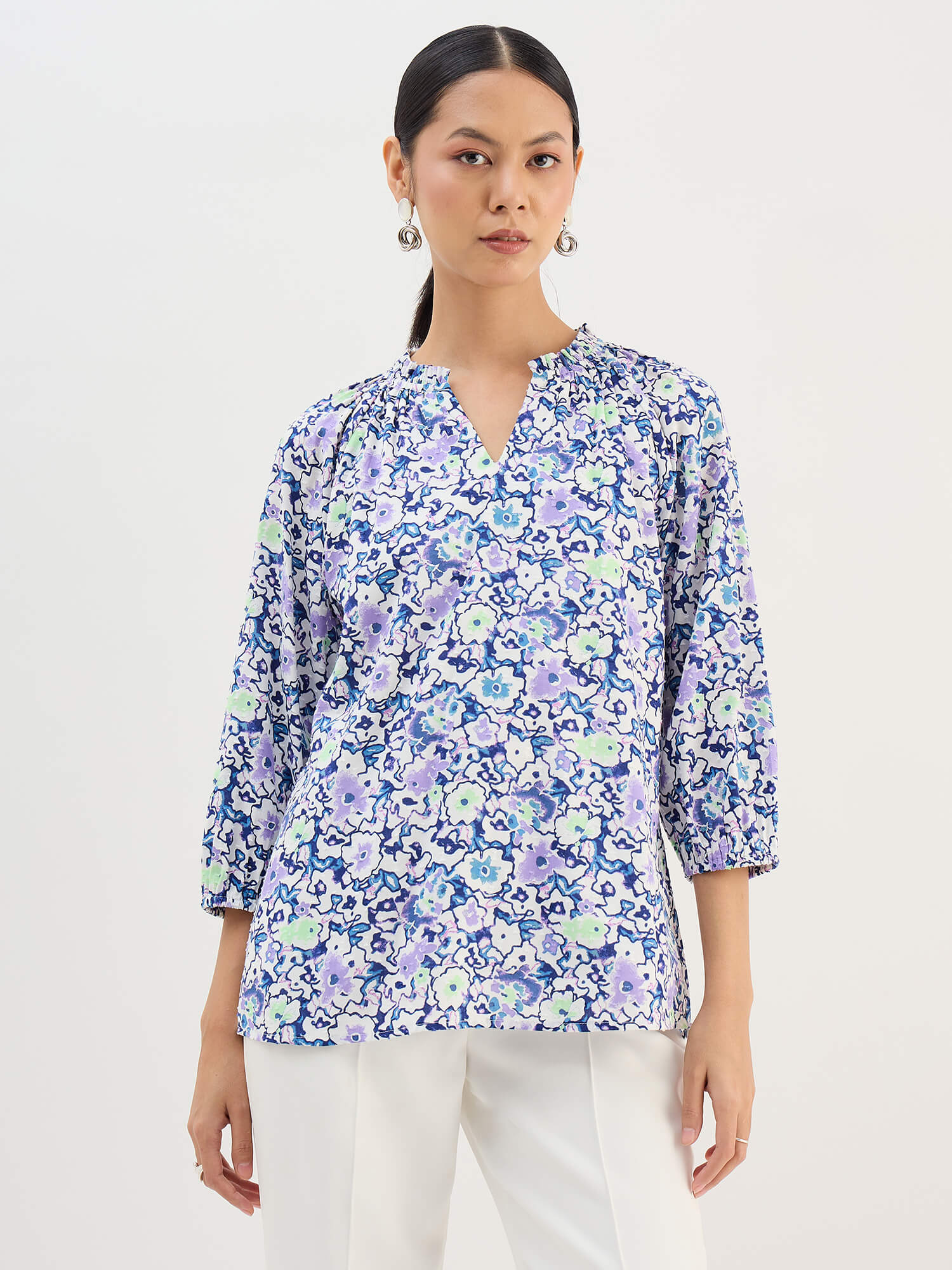 Seagrass Violet Abstract Gathered Top-Multicolor