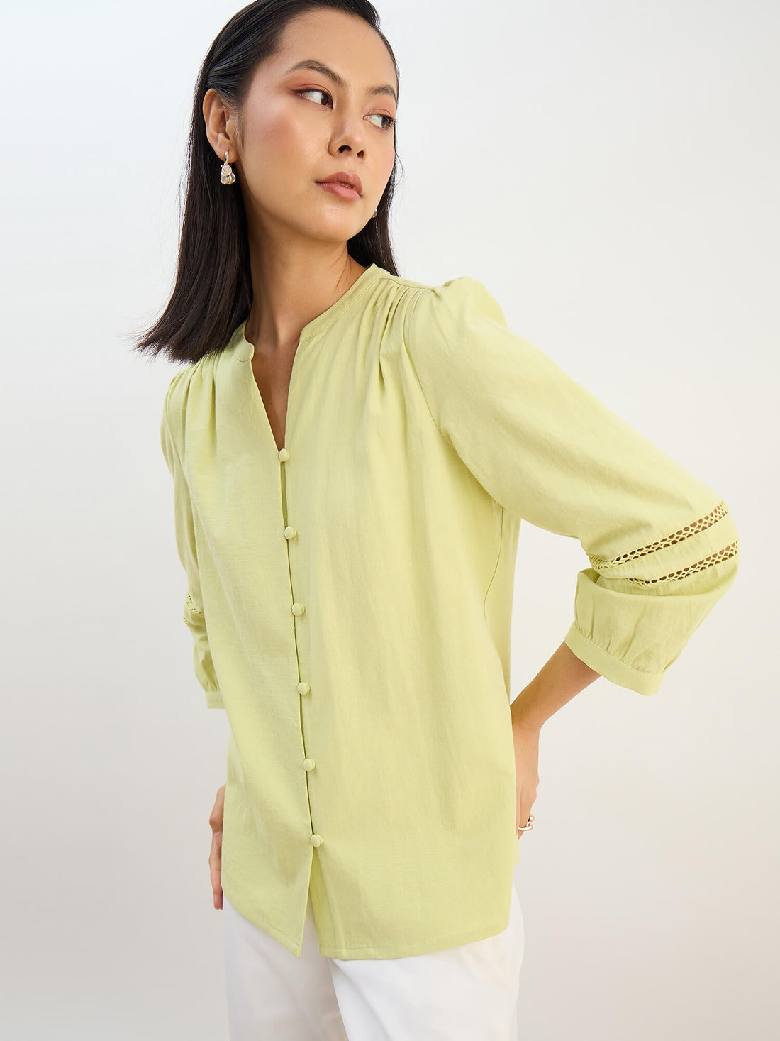 Clara Natch Neck Lace Detail Sleeve Top-Green