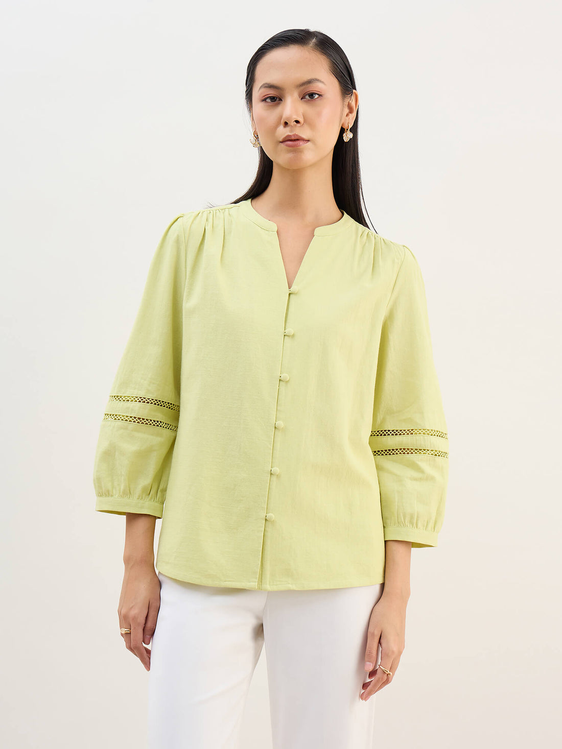 Clara Natch Neck Lace Detail Sleeve Top-Green