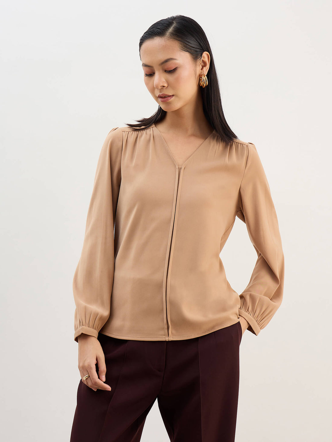 Appletini Gathered Yoke Top-Tan