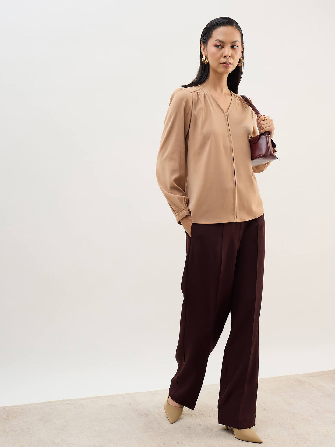 Appletini Gathered Yoke Top-Tan