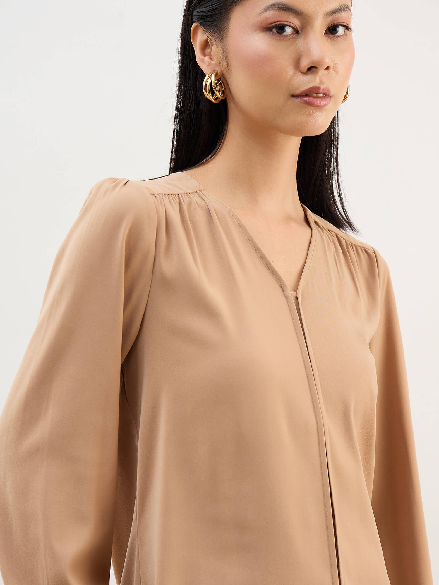 Appletini Gathered Yoke Top-Tan