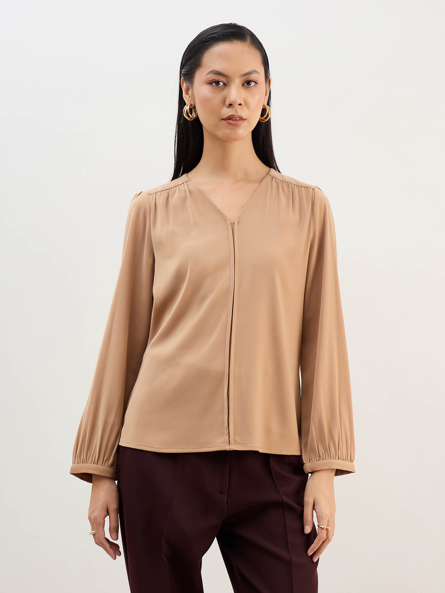 Appletini Gathered Yoke Top-Tan
