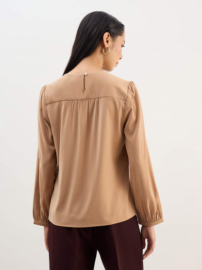 Appletini Gathered Yoke Top-Tan