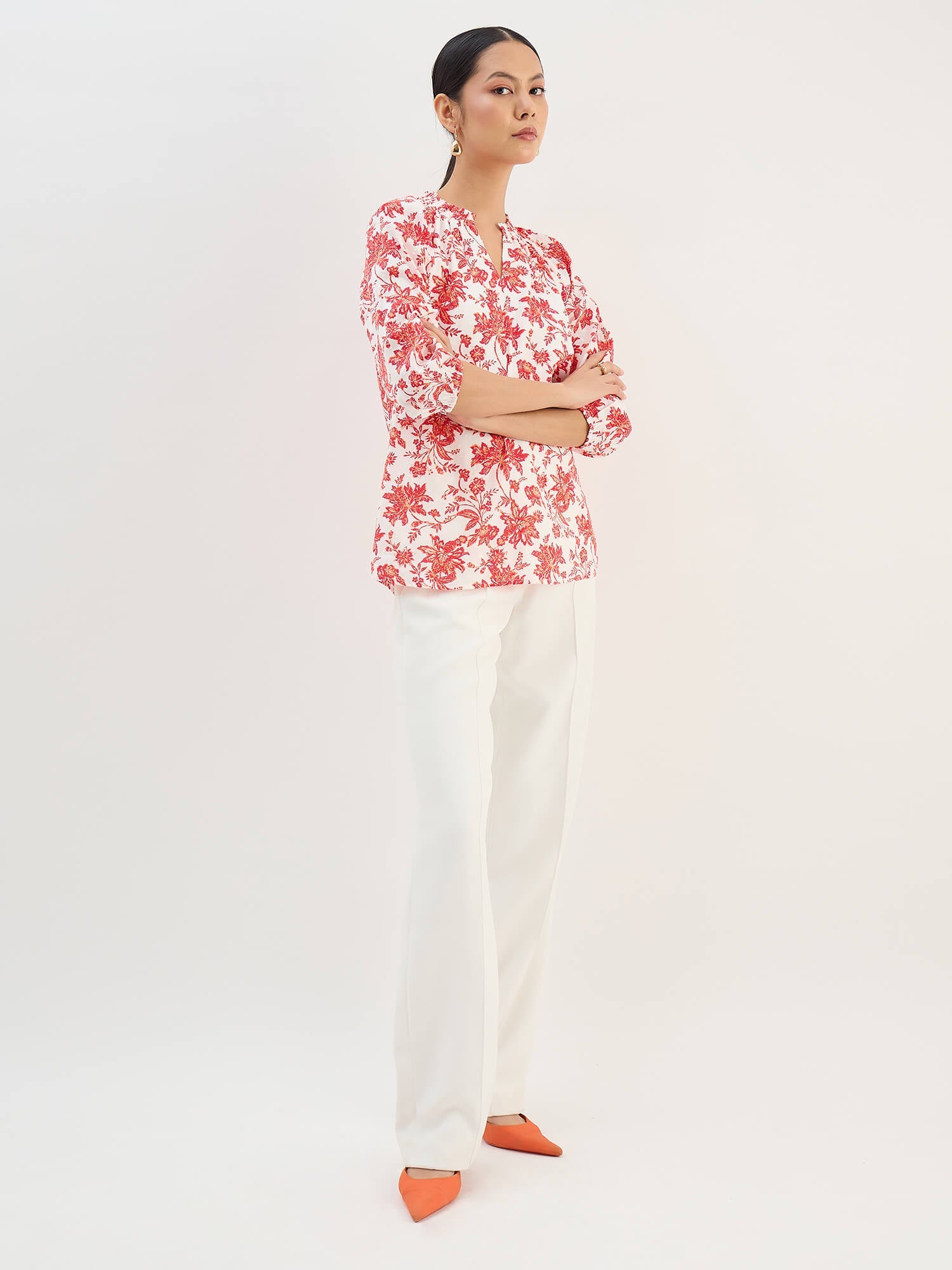 Seagrass Orange Dobby Gathered Top-Multicolor