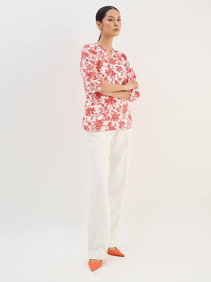 Seagrass Orange Dobby Gathered Top-Multicolor