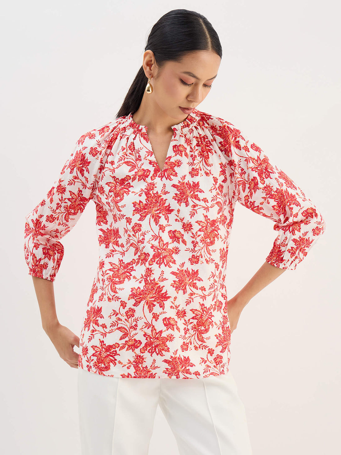 Seagrass Orange Dobby Gathered Top-Multicolor