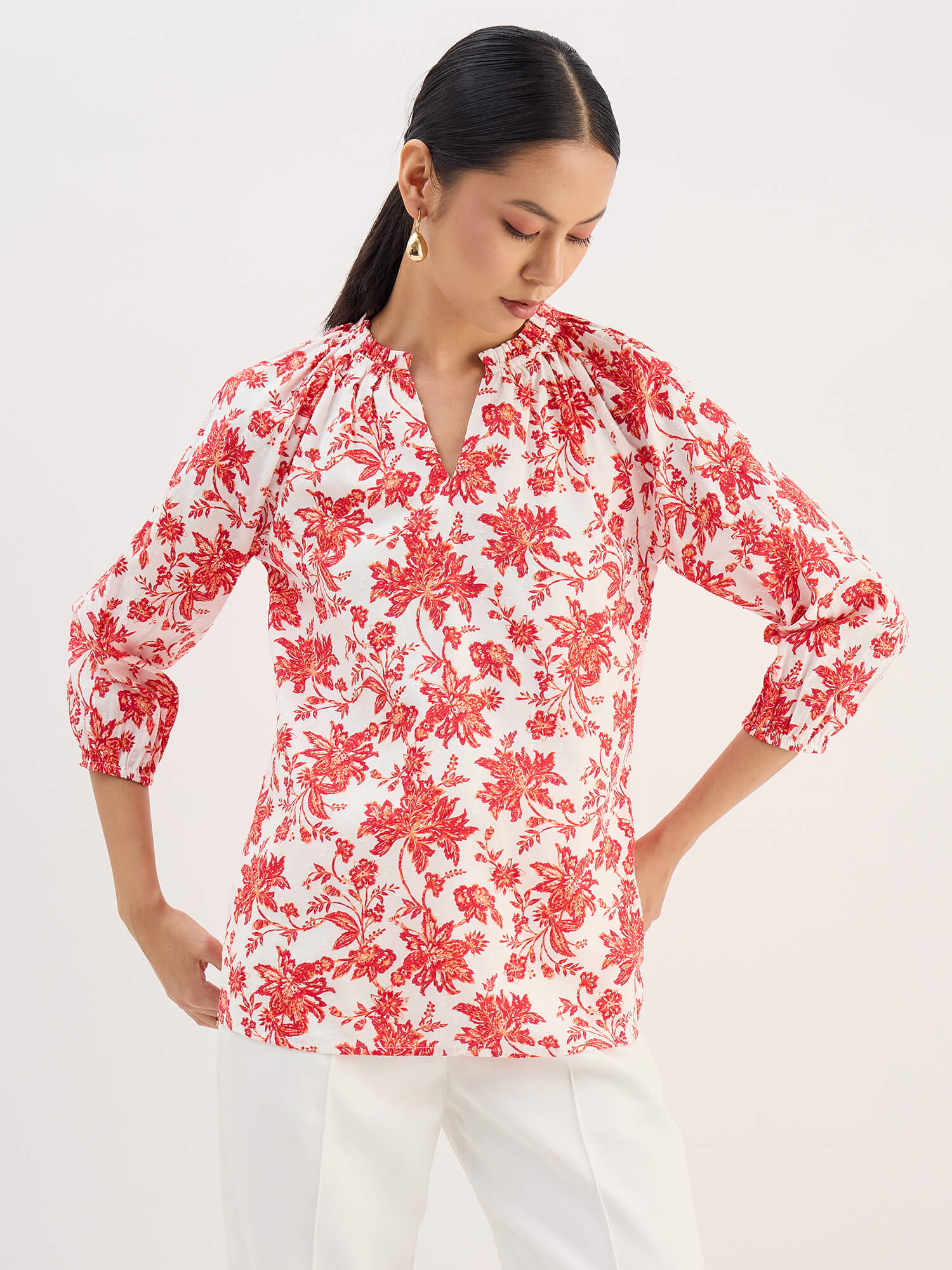 Seagrass Orange Dobby Gathered Top-Multicolor