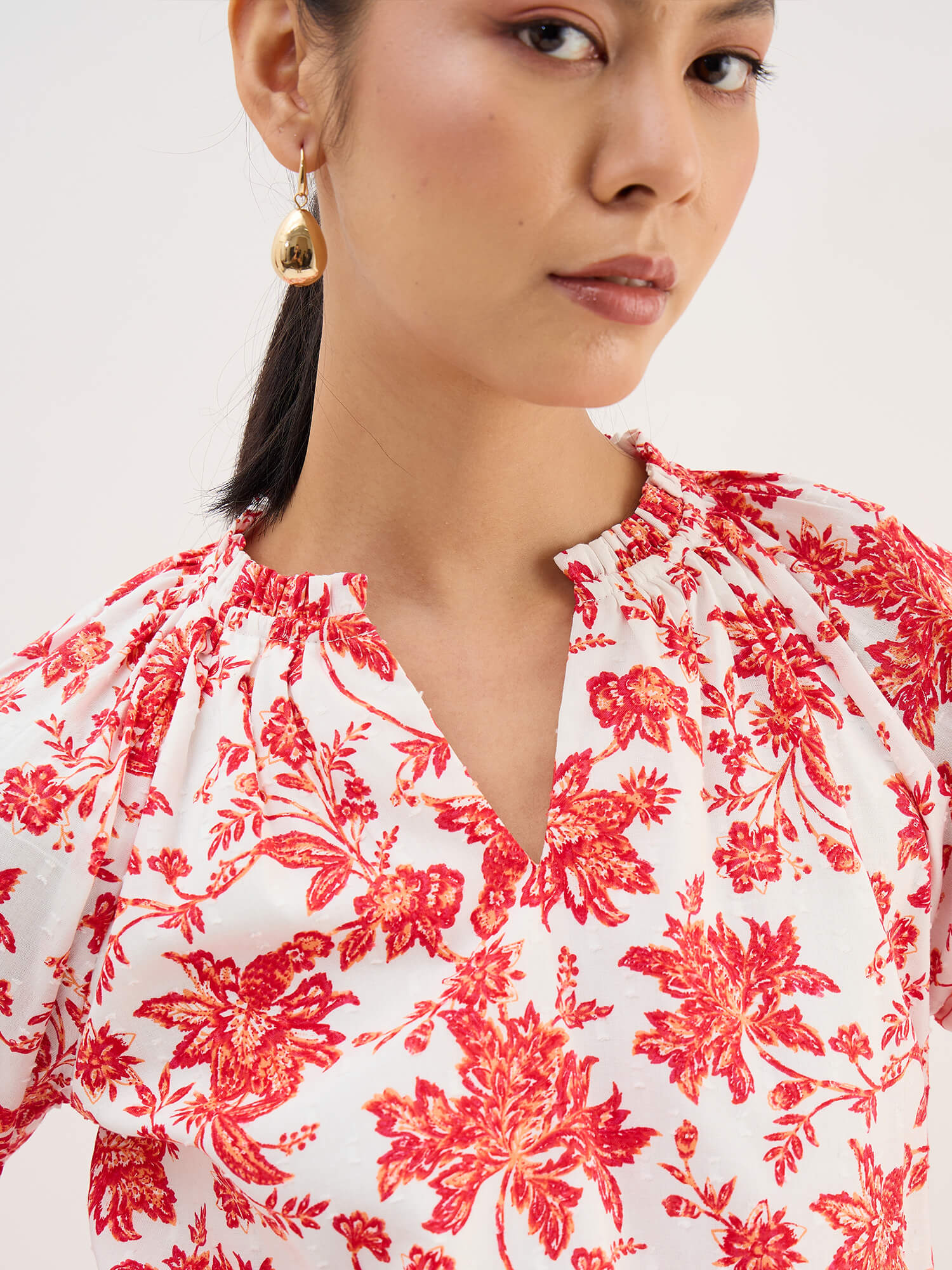 Seagrass Orange Dobby Gathered Top-Multicolor