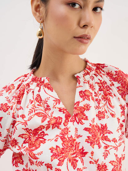 Seagrass Orange Dobby Gathered Top-Multicolor