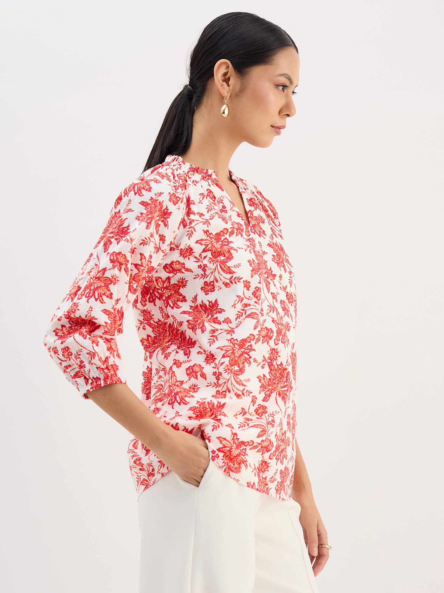 Seagrass Orange Dobby Gathered Top-Multicolor