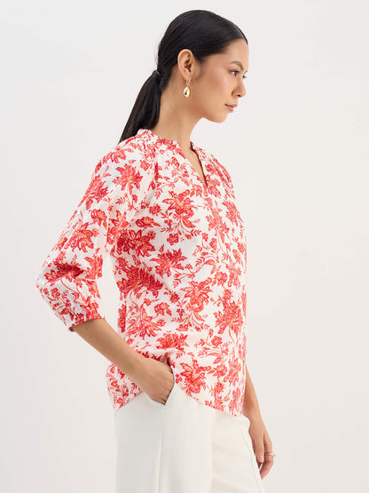 Seagrass Orange Dobby Gathered Top-Multicolor