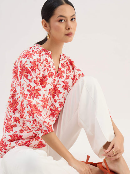 Seagrass Orange Dobby Gathered Top-Multicolor