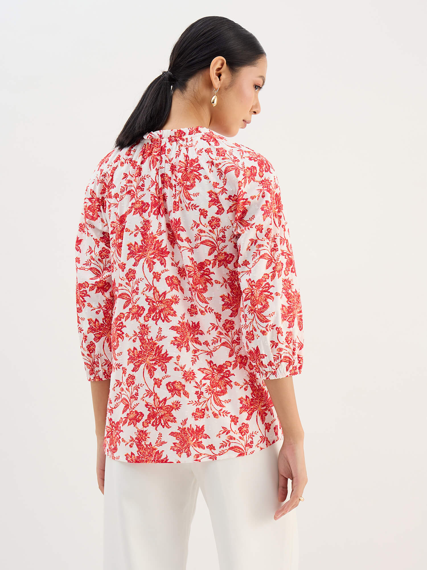 Seagrass Orange Dobby Gathered Top-Multicolor