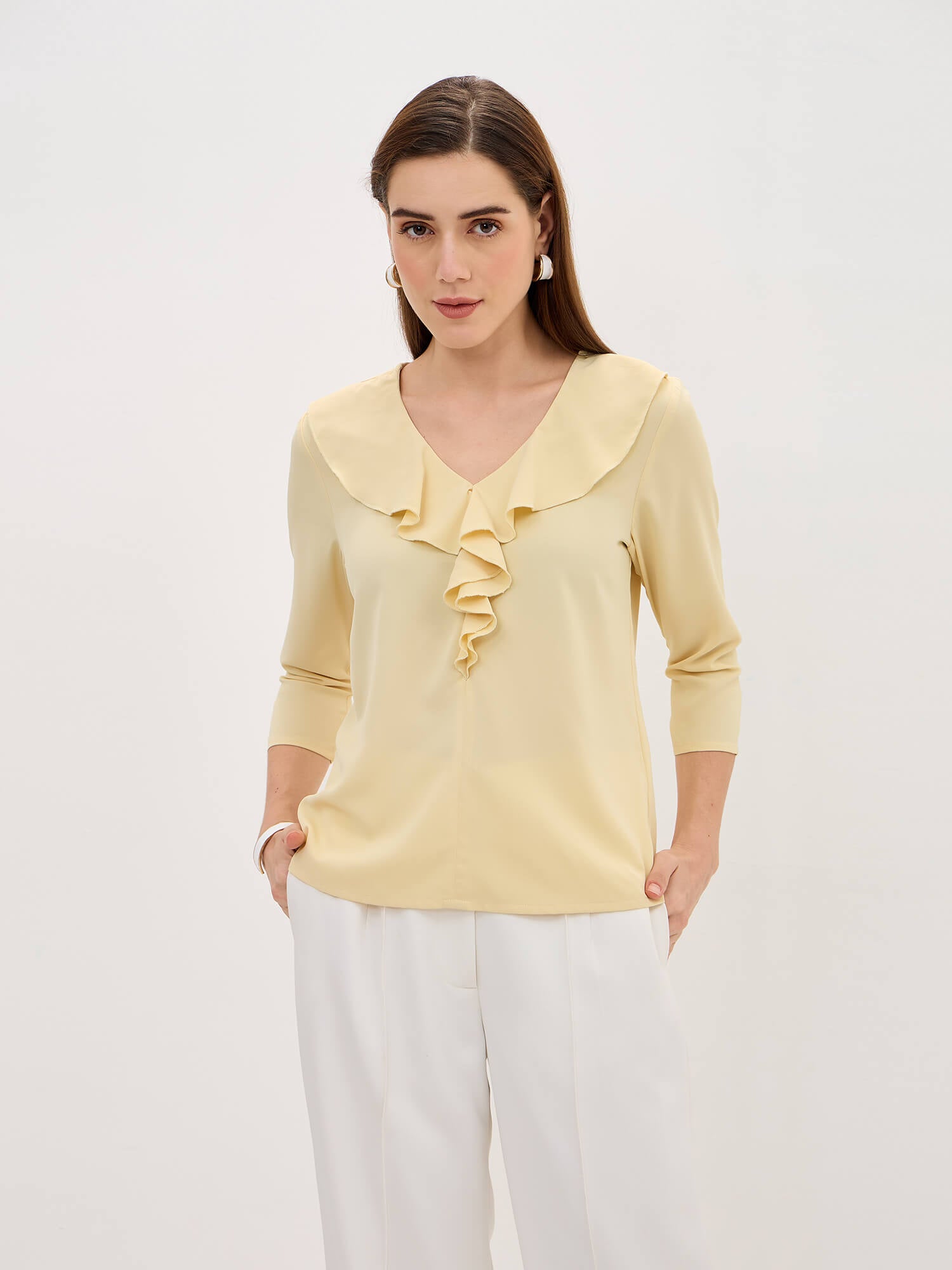 Midnight Kiss Ruffled Neckline Top-Pastel Yellow
