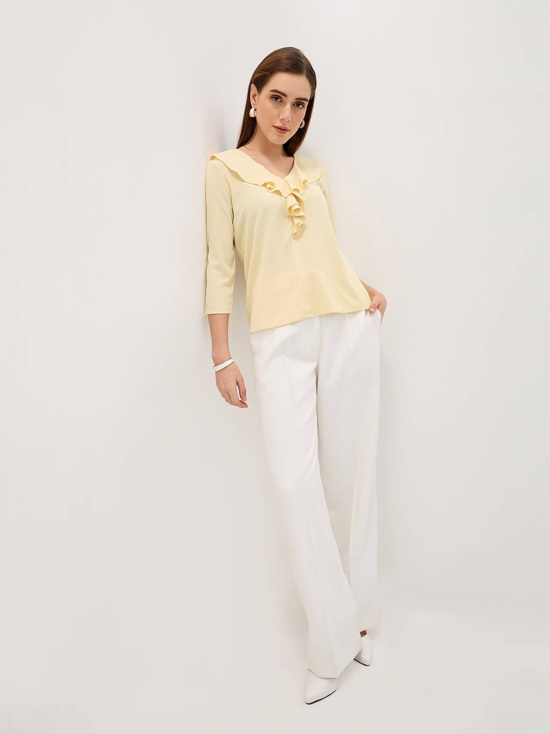 Midnight Kiss Ruffled Neckline Top-Pastel Yellow