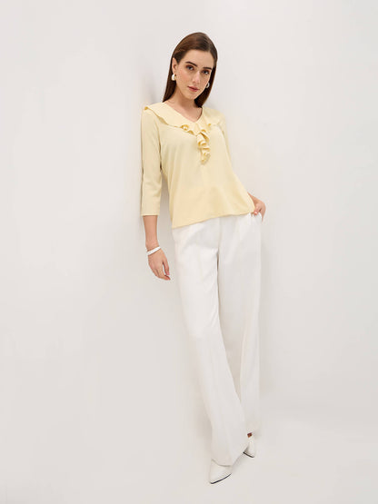 Midnight Kiss Ruffled Neckline Top-Pastel Yellow