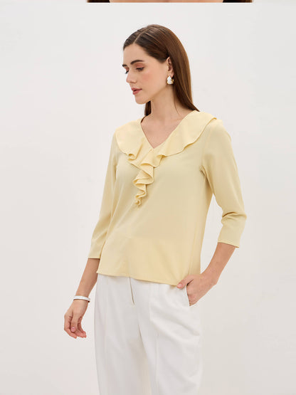 Midnight Kiss Ruffled Neckline Top-Pastel Yellow