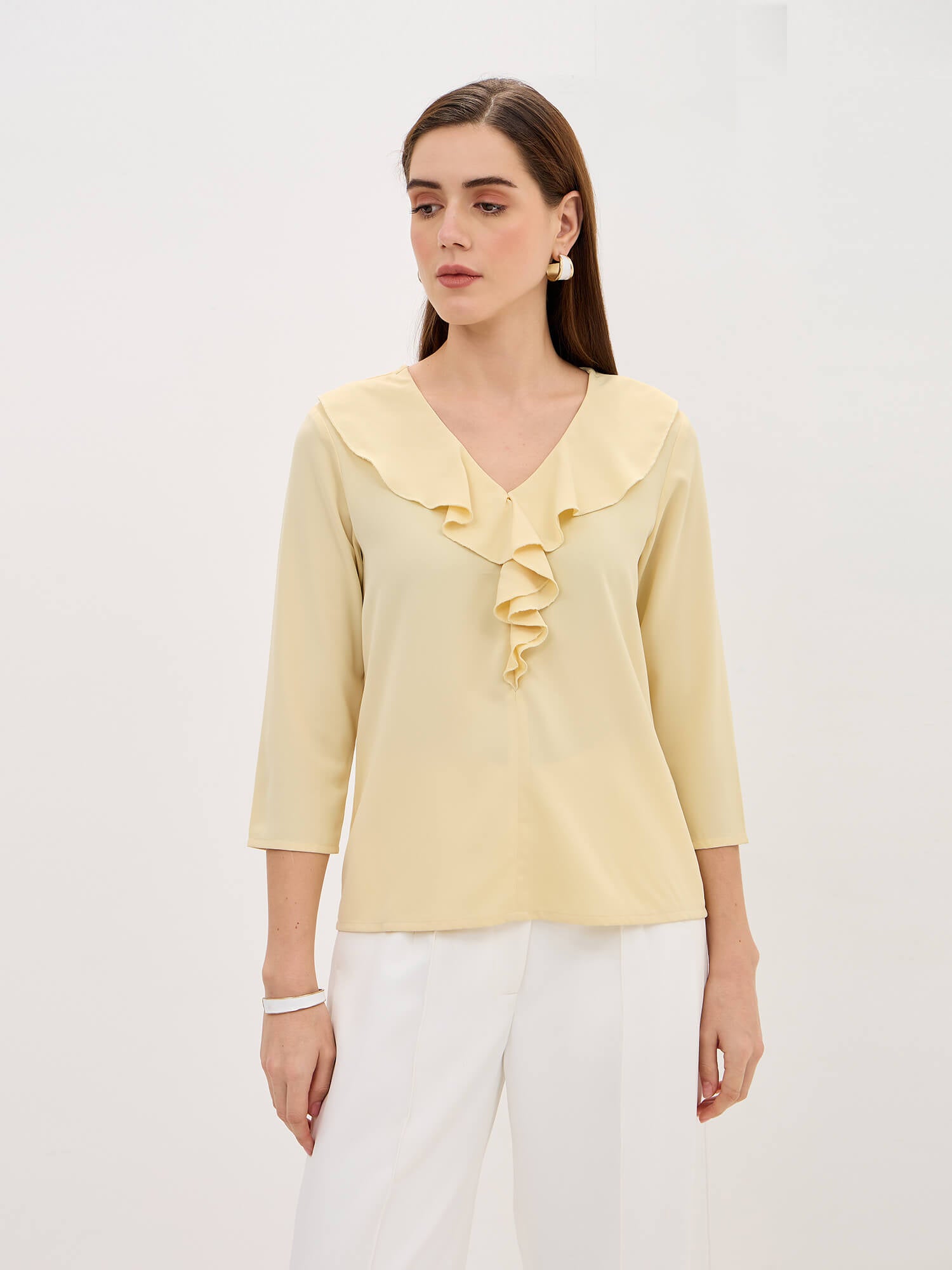 Midnight Kiss Ruffled Neckline Top-Pastel Yellow