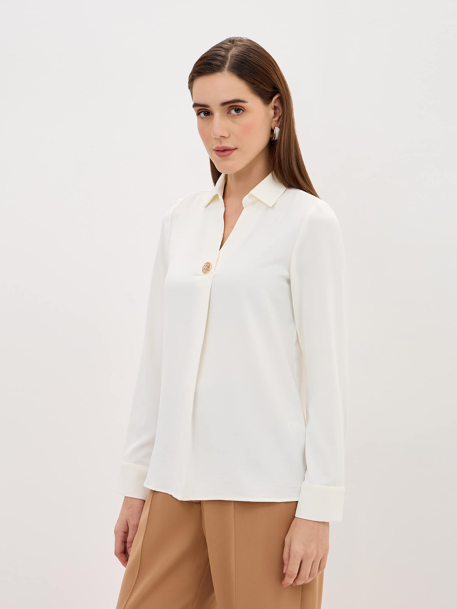 Amora Front Pleat With Metallic Button Top-Ivory