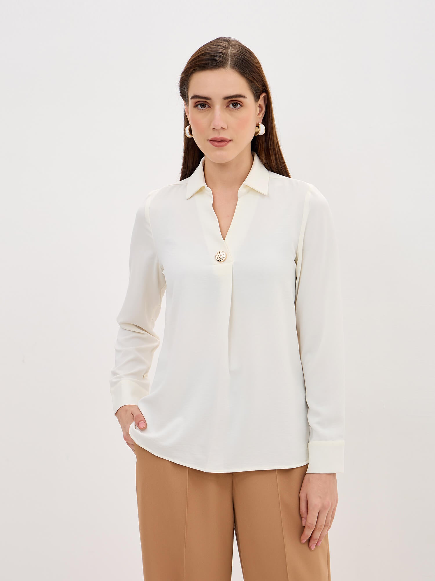 Amora Front Pleat With Metallic Button Top-Ivory
