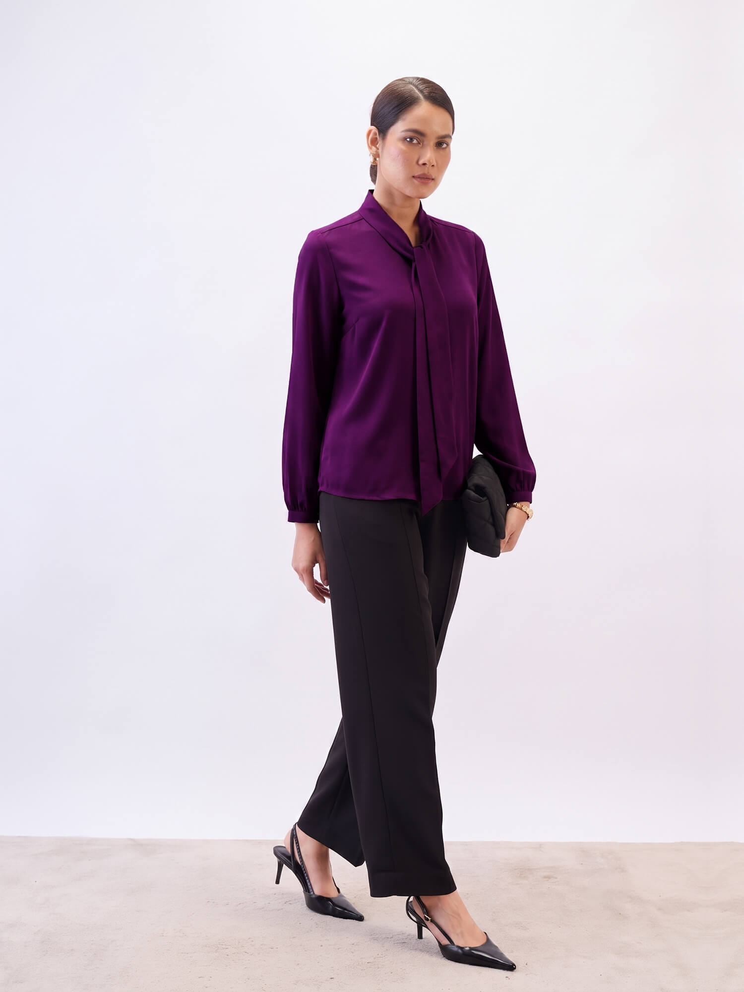 Polly Neck Tie Top-Plum
