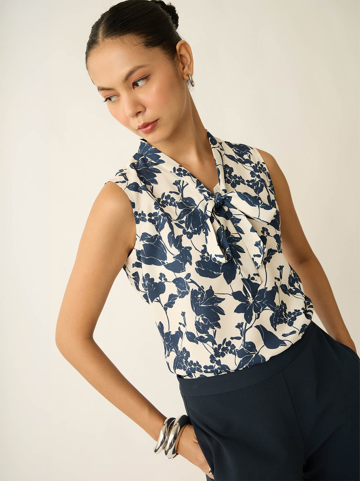 Mirelle Neck Tie Up Printed Top-Off White