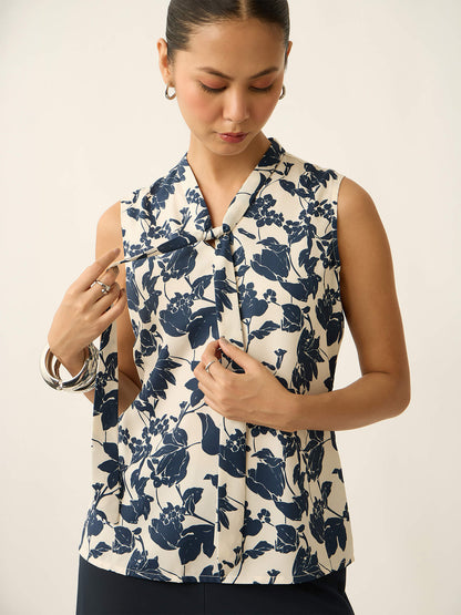 Mirelle Neck Tie Up Printed Top-Off White