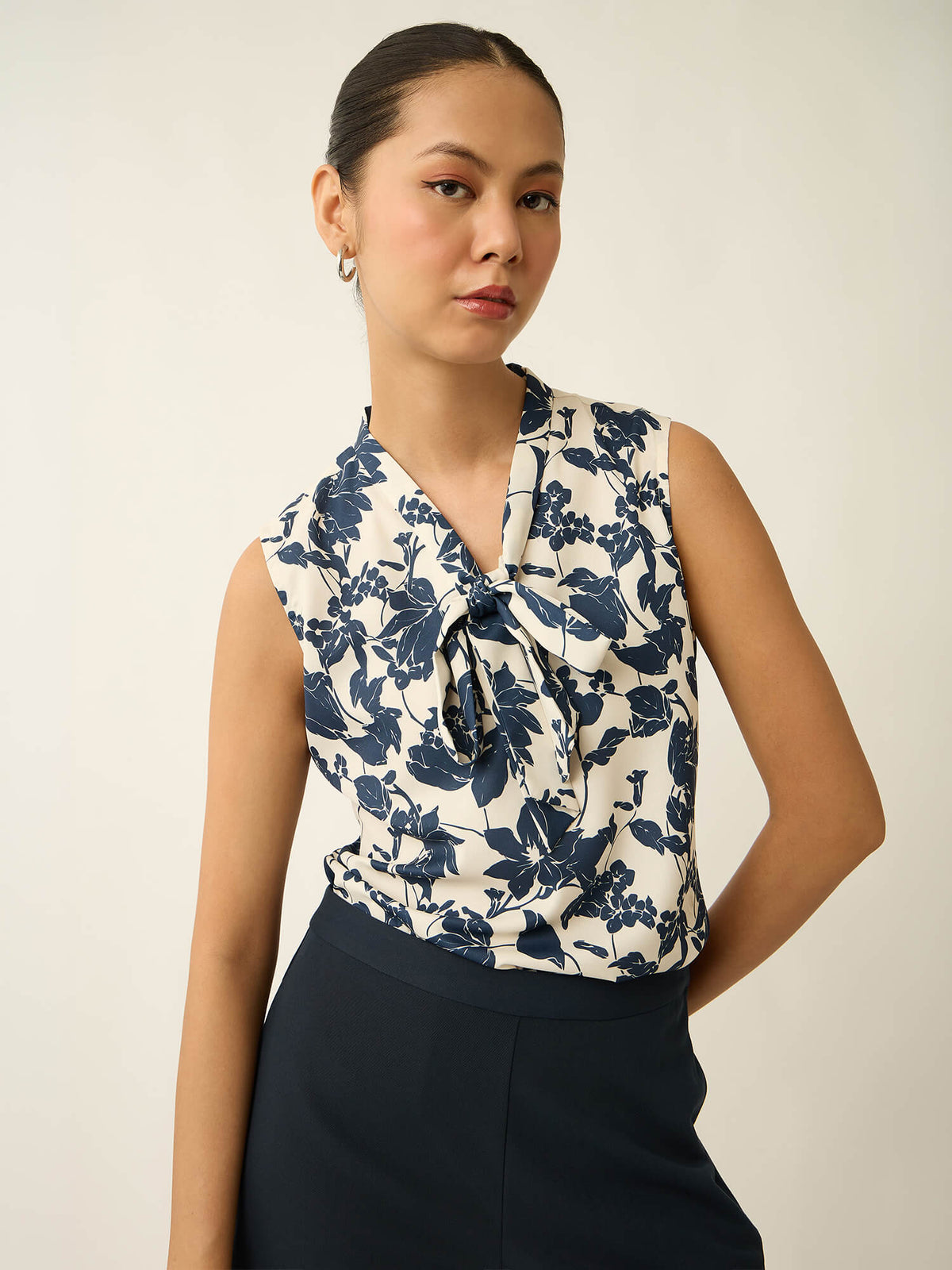 Mirelle Neck Tie Up Printed Top-Off White