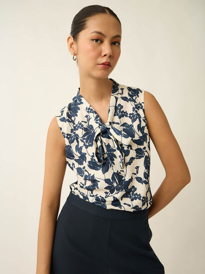 Mirelle Neck Tie Up Printed Top-Off White