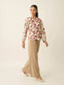 Odyssey-Leaf Print  Gathered V-Neck Buttoned Printed Top-Cream