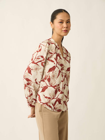 Odyssey-Leaf Print  Gathered V-Neck Buttoned Printed Top-Cream