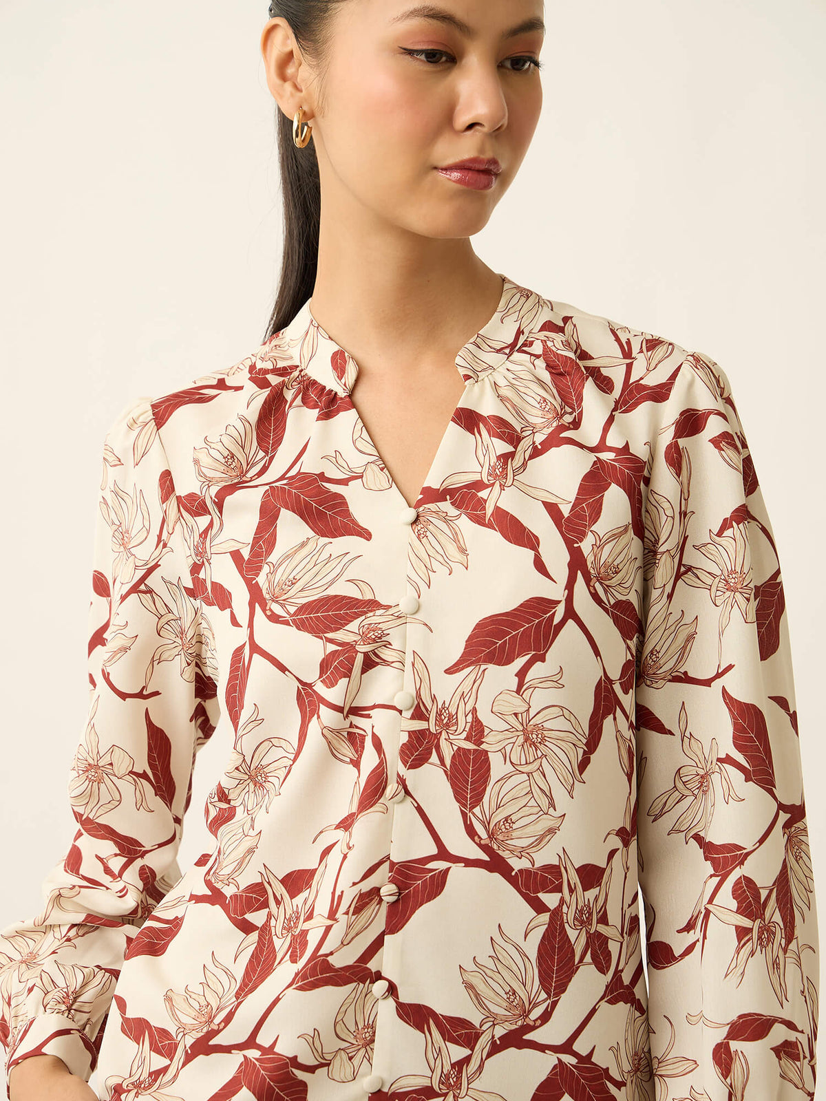 Odyssey-Leaf Print  Gathered V-Neck Buttoned Printed Top-Cream
