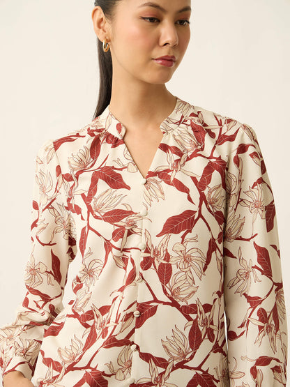 Odyssey-Leaf Print  Gathered V-Neck Buttoned Printed Top-Cream