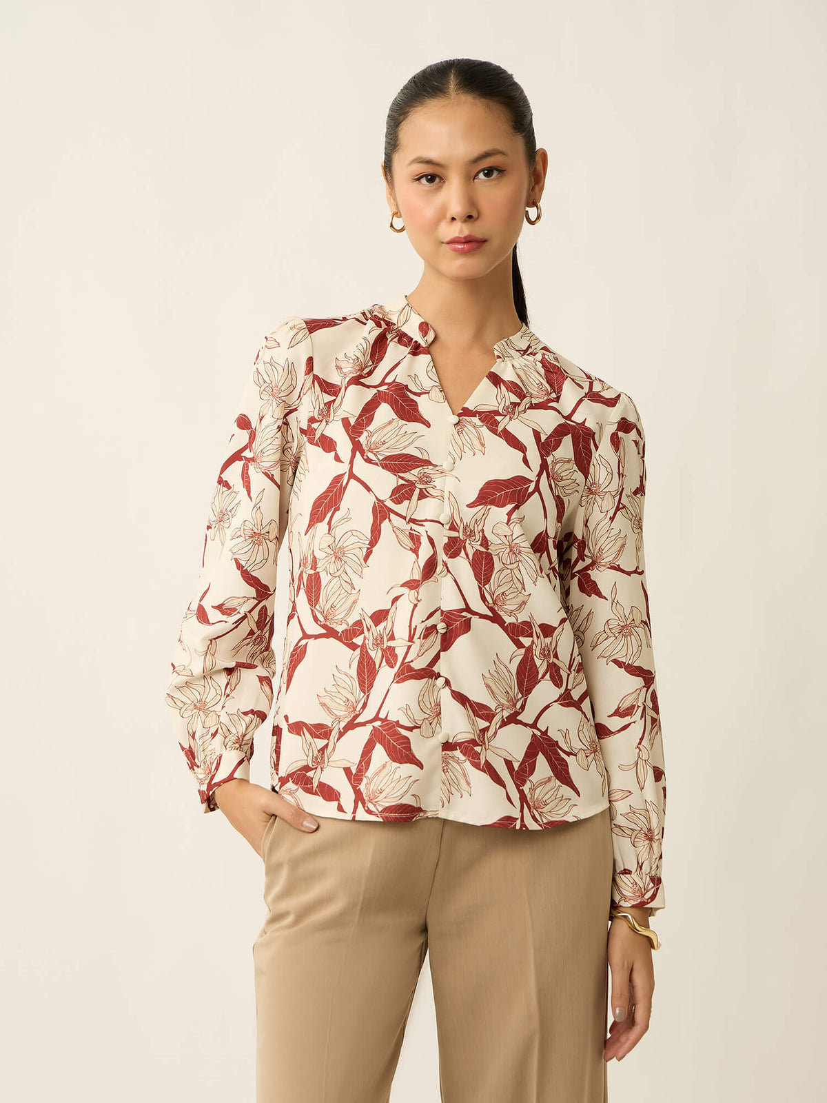 Odyssey-Leaf Print  Gathered V-Neck Buttoned Printed Top-Cream