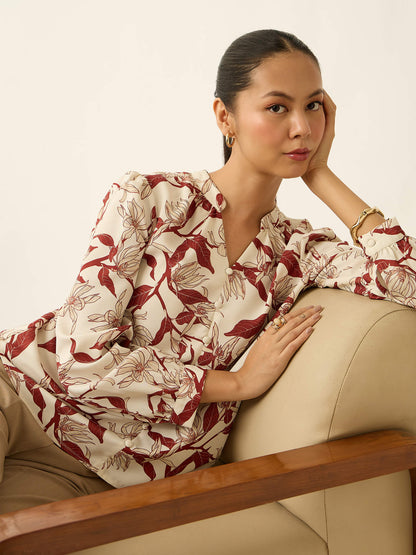 Odyssey-Leaf Print  Gathered V-Neck Buttoned Printed Top-Cream