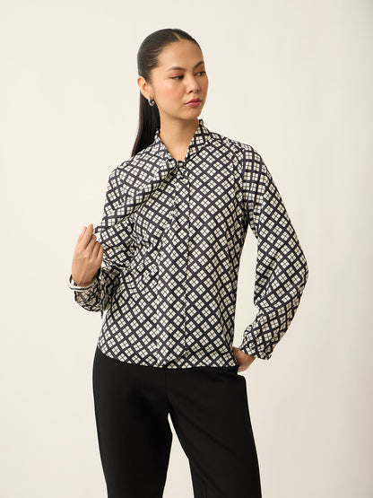 Polly-Cubical Print Neck Tie Printed Top-White