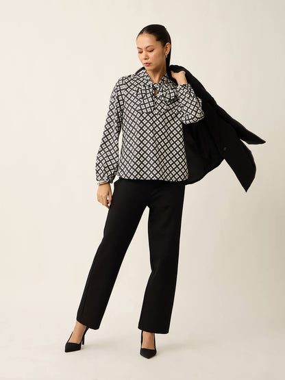 Polly-Cubical Print Neck Tie Printed Top-White