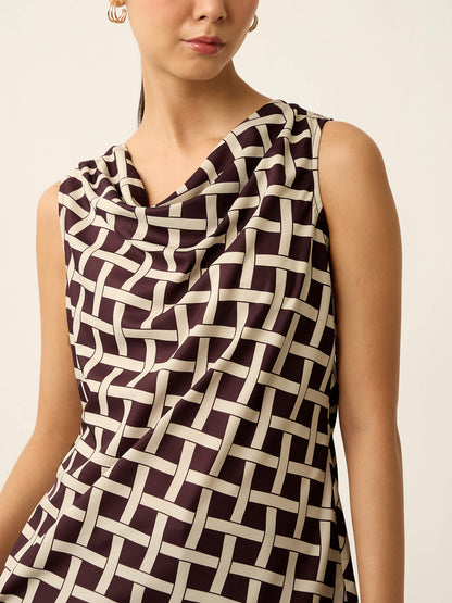 Emma-Weave Print Sleeveless Cowl Neck Printed Top-Chocolate Brown