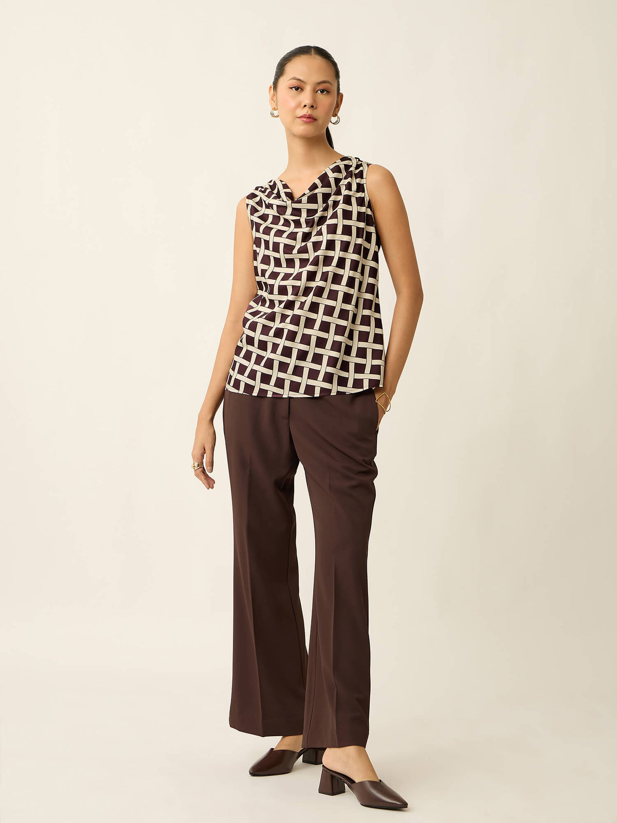 Emma-Weave Print Sleeveless Cowl Neck Printed Top-Chocolate Brown